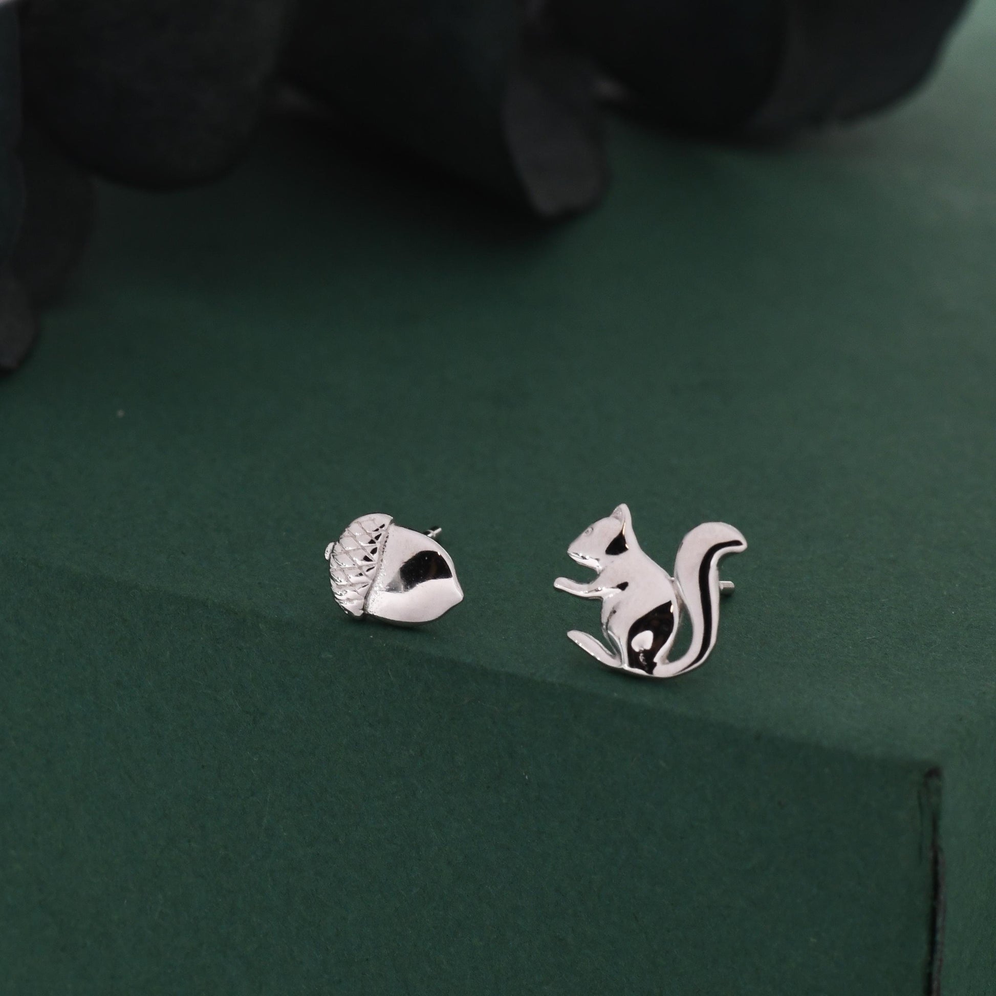 Mismatched Squirrel and Acorn Stud Earrings in Sterling Silver, Silver or Gold, Asymmetric Squirrel and Nut Earrings