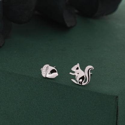 Mismatched Squirrel and Acorn Stud Earrings in Sterling Silver, Silver or Gold, Asymmetric Squirrel and Nut Earrings