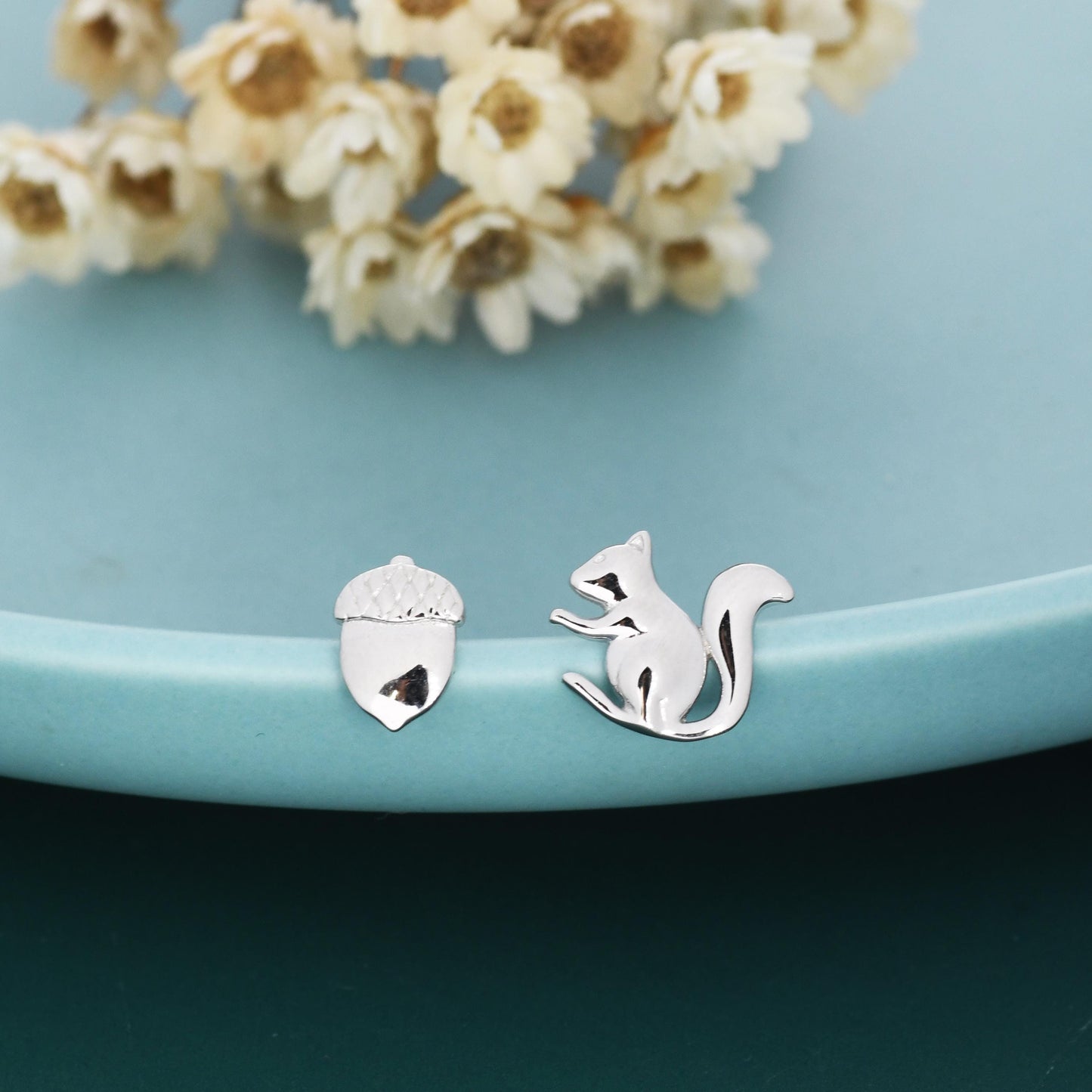 Mismatched Squirrel and Acorn Stud Earrings in Sterling Silver, Silver or Gold, Asymmetric Squirrel and Nut Earrings
