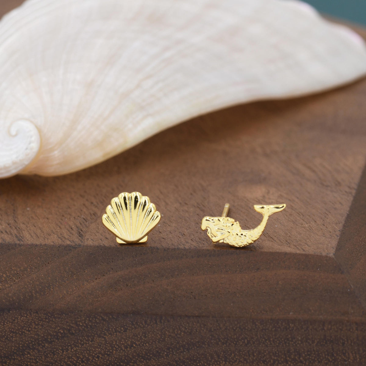 Mismatched Mermaid and Seashell Stud Earrings in Sterling Silver, Silver or Gold or Rose Gold, Ocean Earrings, Asymmetric Sea Shell Earrings