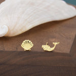 Mismatched Mermaid and Seashell Stud Earrings in Sterling Silver, Silver or Gold or Rose Gold, Ocean Earrings, Asymmetric Sea Shell Earrings