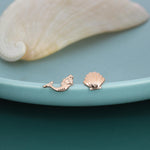 Mismatched Mermaid and Seashell Stud Earrings in Sterling Silver, Silver or Gold or Rose Gold, Ocean Earrings, Asymmetric Sea Shell Earrings
