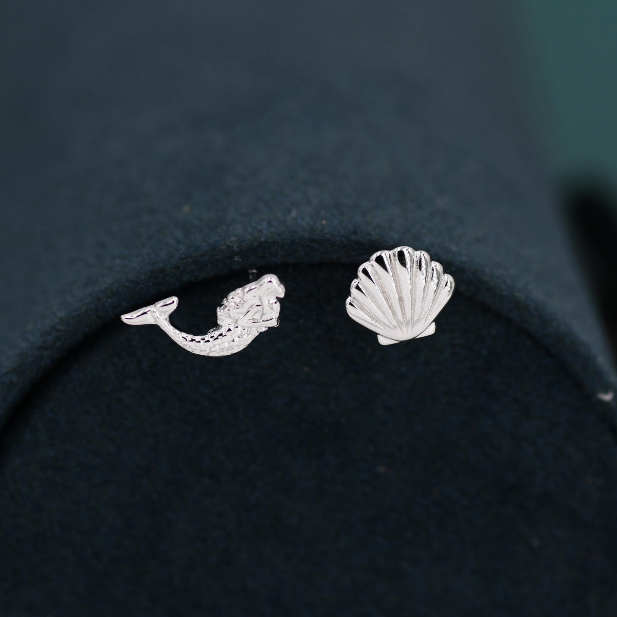 Mismatched Mermaid and Seashell Stud Earrings in Sterling Silver, Silver or Gold or Rose Gold, Ocean Earrings, Asymmetric Sea Shell Earrings