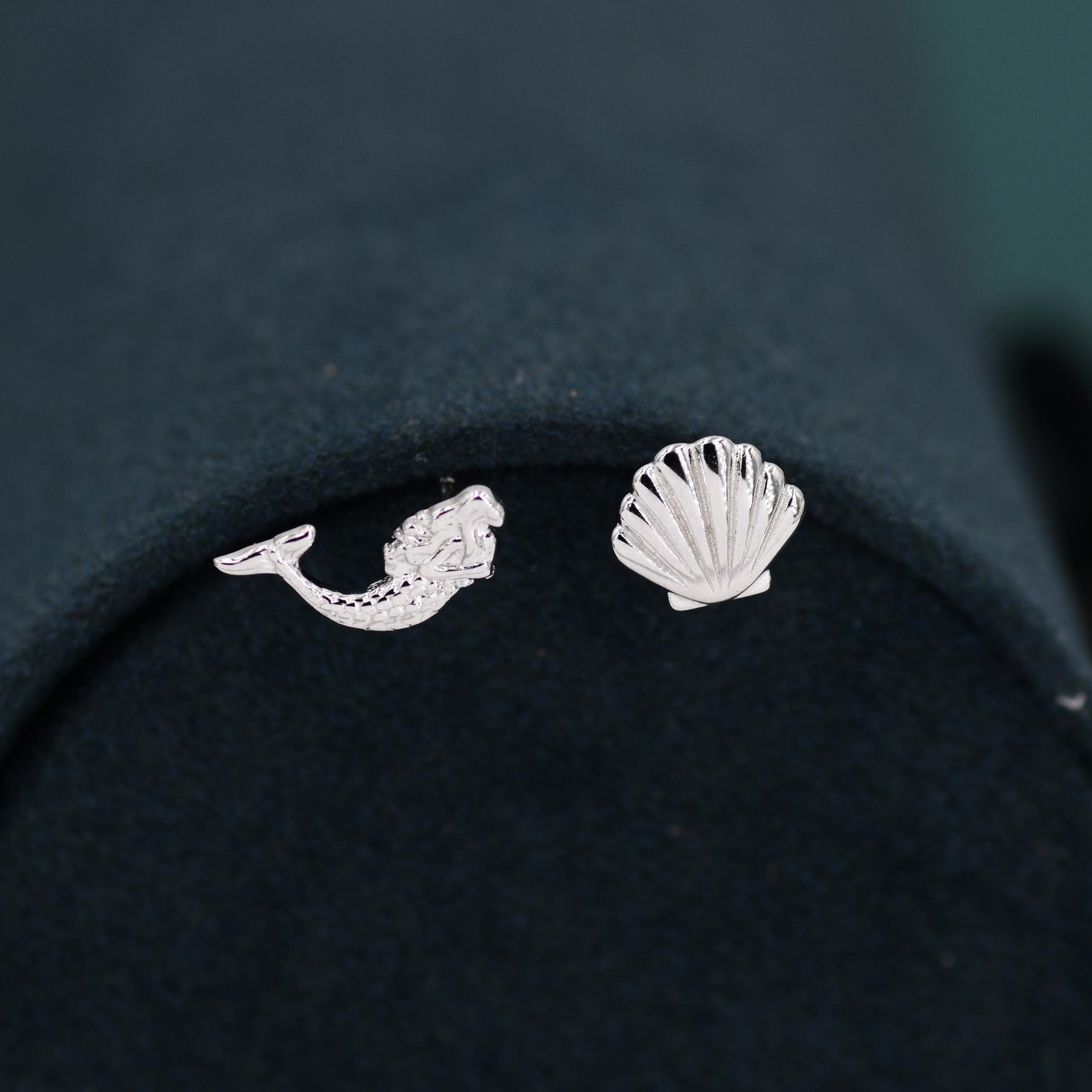 Mismatched Mermaid and Seashell Stud Earrings in Sterling Silver, Silver or Gold or Rose Gold, Ocean Earrings, Asymmetric Sea Shell Earrings