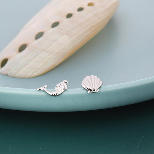 Mismatched Mermaid and Seashell Stud Earrings in Sterling Silver, Silver or Gold or Rose Gold, Ocean Earrings, Asymmetric Sea Shell Earrings
