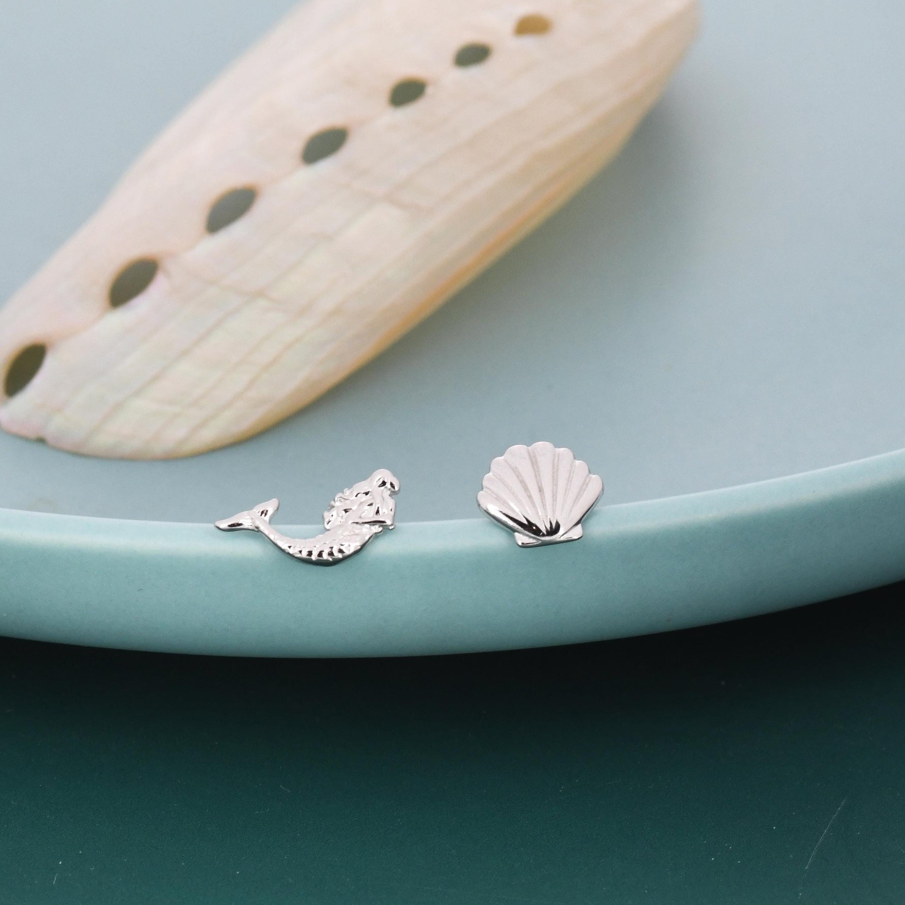 Mismatched Mermaid and Seashell Stud Earrings in Sterling Silver, Silver or Gold or Rose Gold, Ocean Earrings, Asymmetric Sea Shell Earrings
