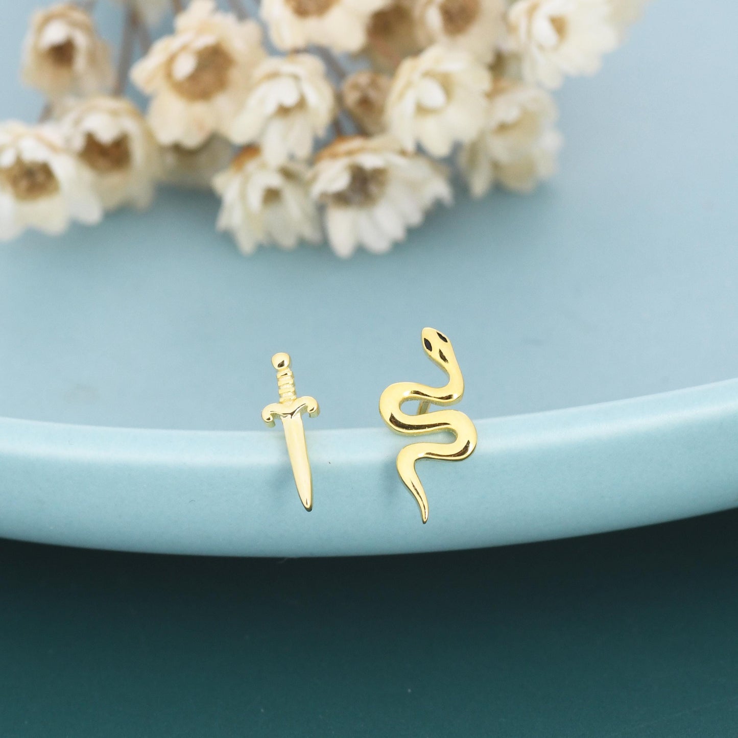 Mismatched Sword and Snake Stud Earrings in Sterling Silver, Silver or Gold Finish, Asymmetric Snake and Sword Earrings