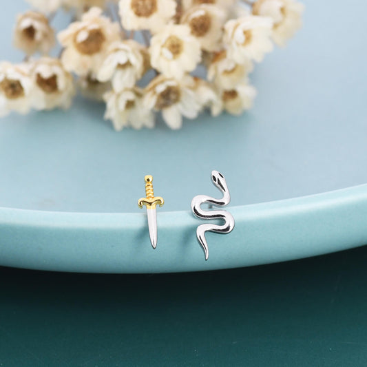 Mismatched Sword and Snake Stud Earrings in Sterling Silver, Asymmetric Snake and Sword Earrings