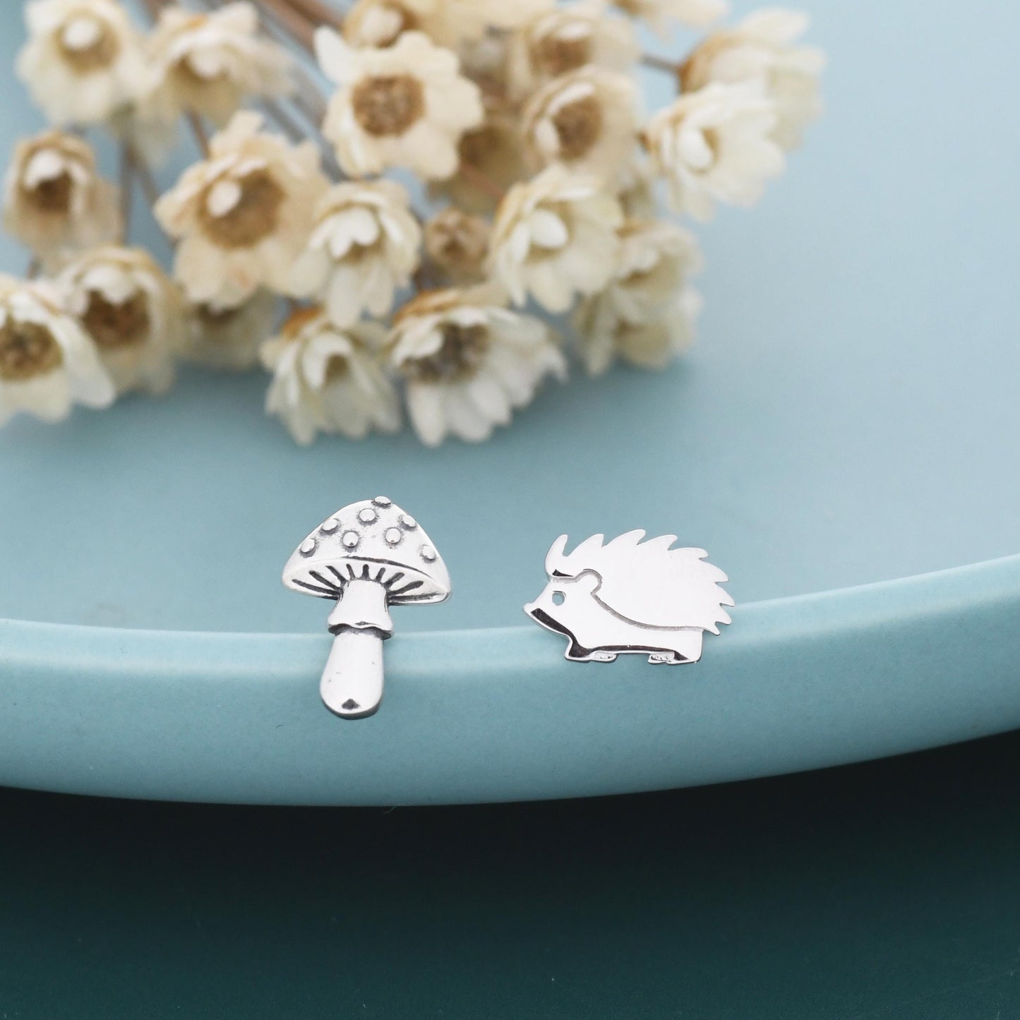 Mismatched Mushroom and Hedgehog Stud Earrings in Sterling Silver, Silver or Gold Finish, Oxidised Small Hedgehog and Mushroom Earrings