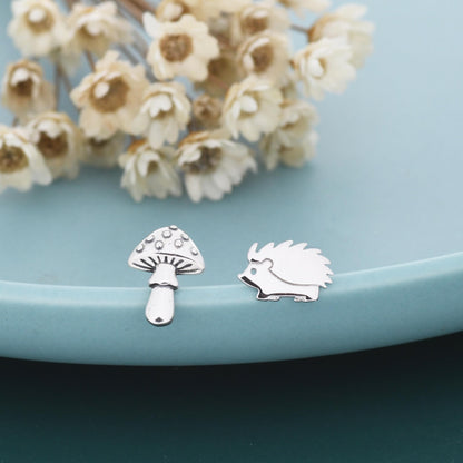 Mismatched Mushroom and Hedgehog Stud Earrings in Sterling Silver, Silver or Gold Finish, Oxidised Small Hedgehog and Mushroom Earrings