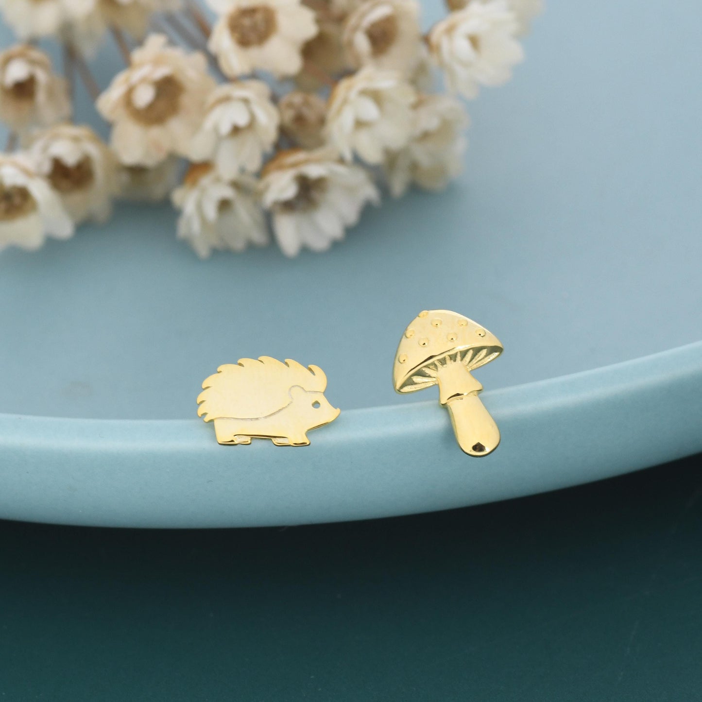 Mismatched Mushroom and Hedgehog Stud Earrings in Sterling Silver, Silver or Gold Finish, Oxidised Small Hedgehog and Mushroom Earrings