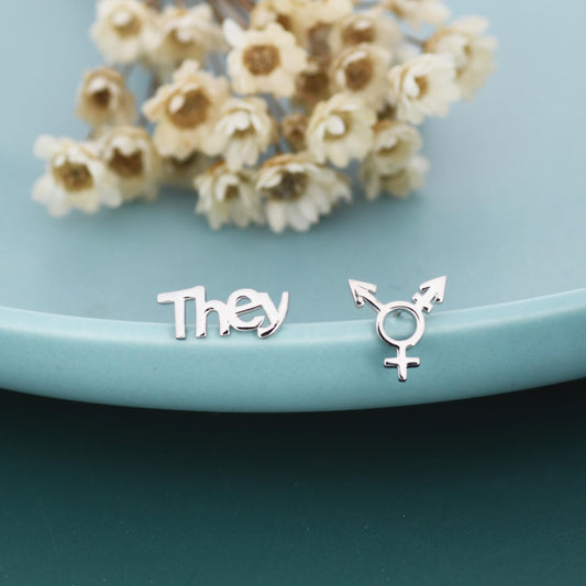 Sterling Silver "They" Pronoun & Transgender Symbol Mismatched Earrings, Asymmetric Trans Earrings, Silver or Gold or Rose Gold finish