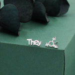 Sterling Silver "They" Pronoun & Transgender Symbol Mismatched Earrings, Asymmetric Trans Earrings, Silver or Gold or Rose Gold finish