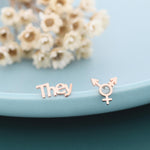 Sterling Silver "They" Pronoun & Transgender Symbol Mismatched Earrings, Asymmetric Trans Earrings, Silver or Gold or Rose Gold finish