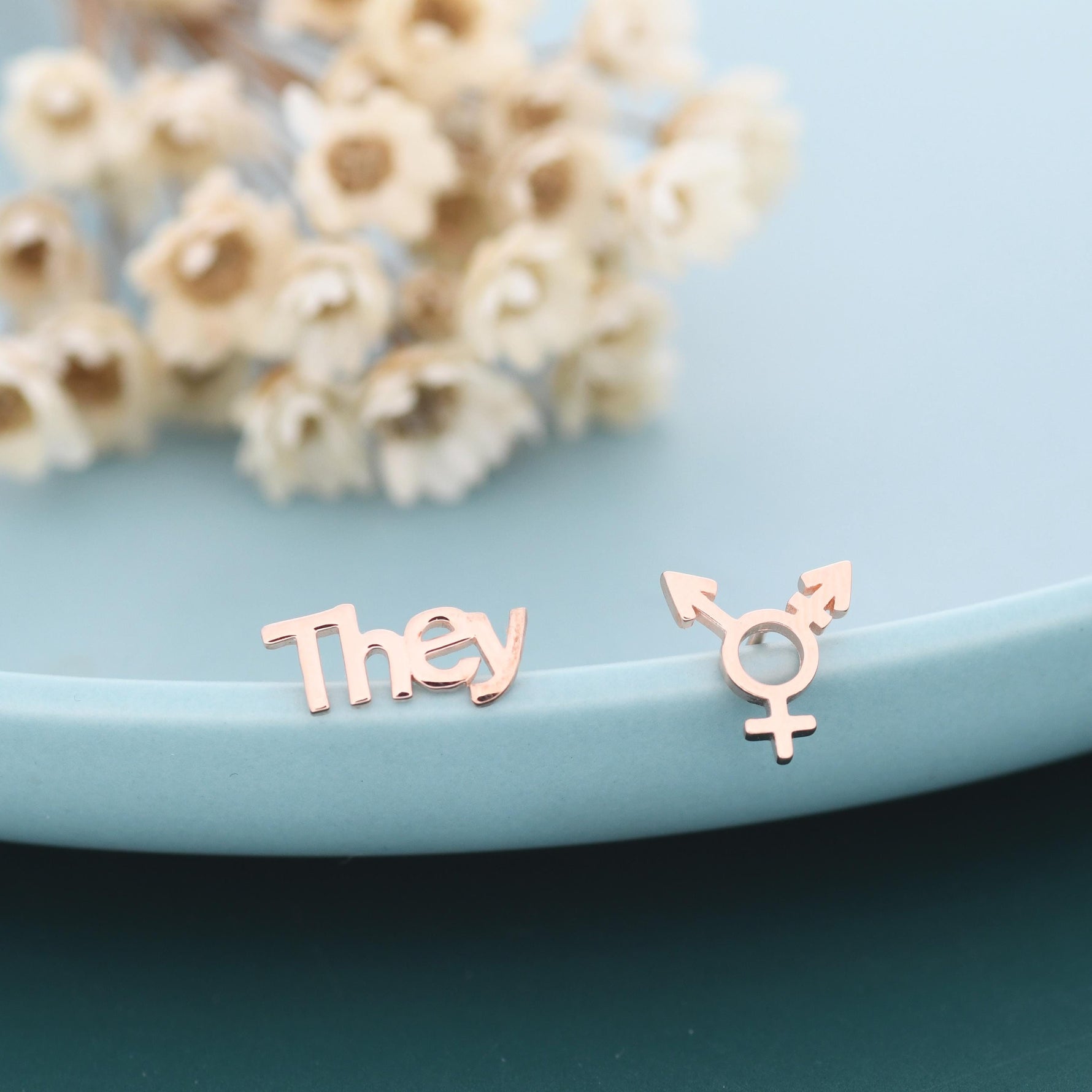Sterling Silver "They" Pronoun & Transgender Symbol Mismatched Earrings, Asymmetric Trans Earrings, Silver or Gold or Rose Gold finish