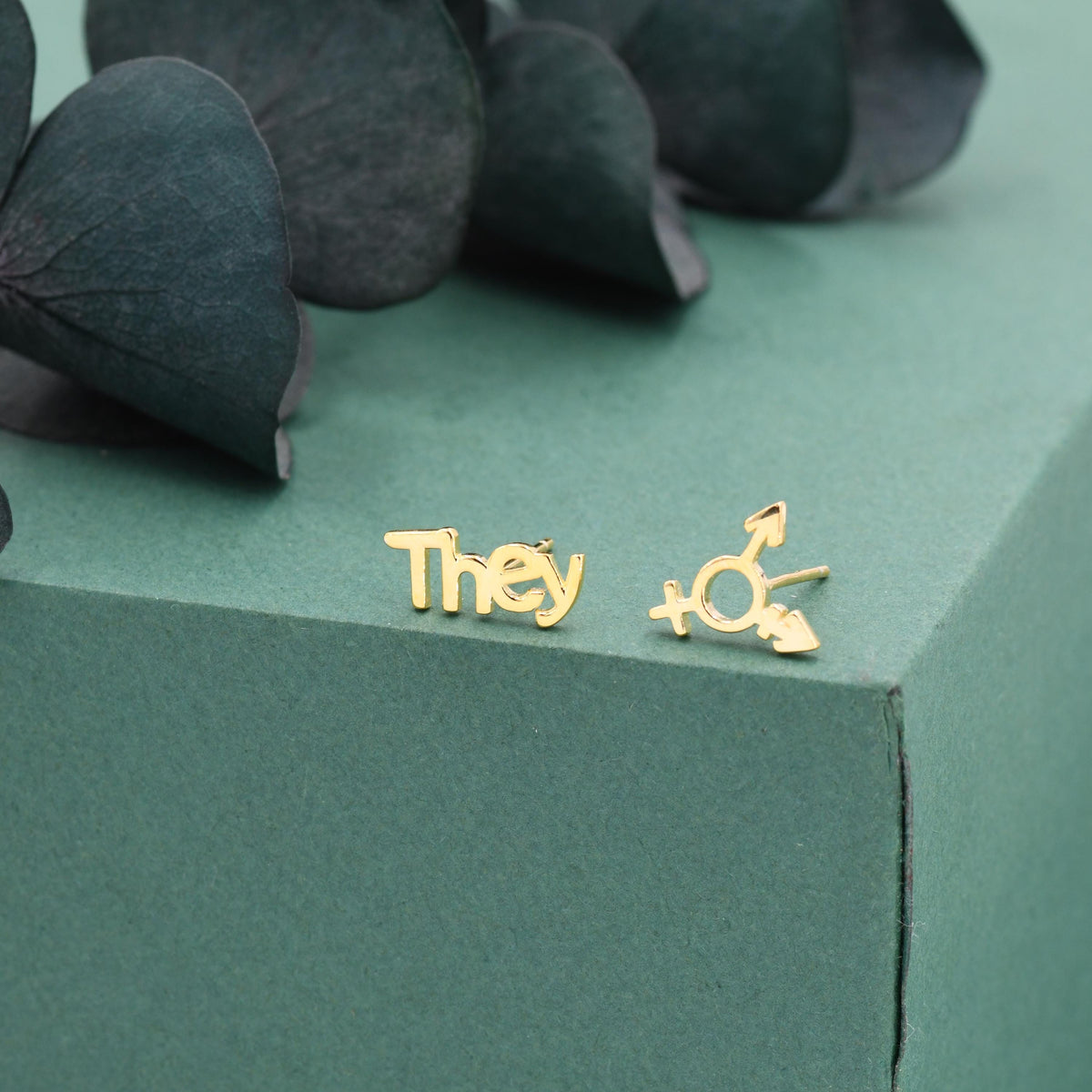 Sterling Silver "They" Pronoun & Transgender Symbol Mismatched Earrings, Asymmetric Trans Earrings, Silver or Gold or Rose Gold finish