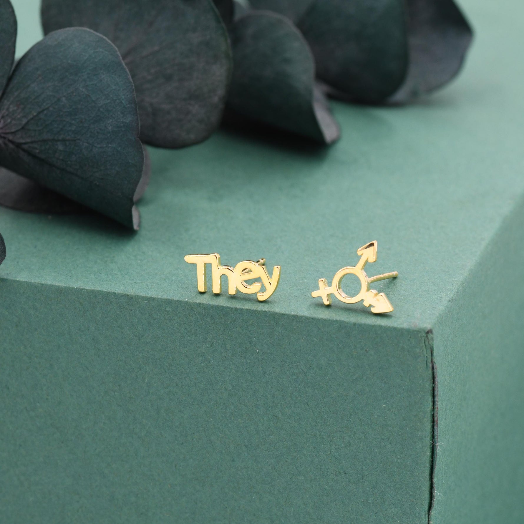 Sterling Silver "They" Pronoun & Transgender Symbol Mismatched Earrings, Asymmetric Trans Earrings, Silver or Gold or Rose Gold finish