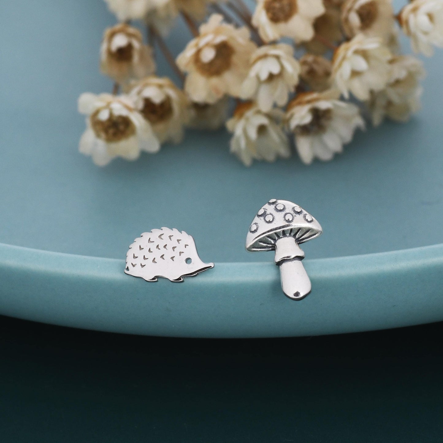 Mismatched Hedgehog and Mushroom Stud Earrings in Sterling Silver, Silver or Gold Finish, Oxidised Small Hedgehog and Mushroom Earrings