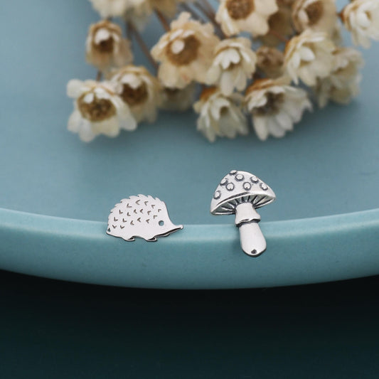 Mismatched Hedgehog and Mushroom Stud Earrings in Sterling Silver, Silver or Gold Finish, Oxidised Small Hedgehog and Mushroom Earrings