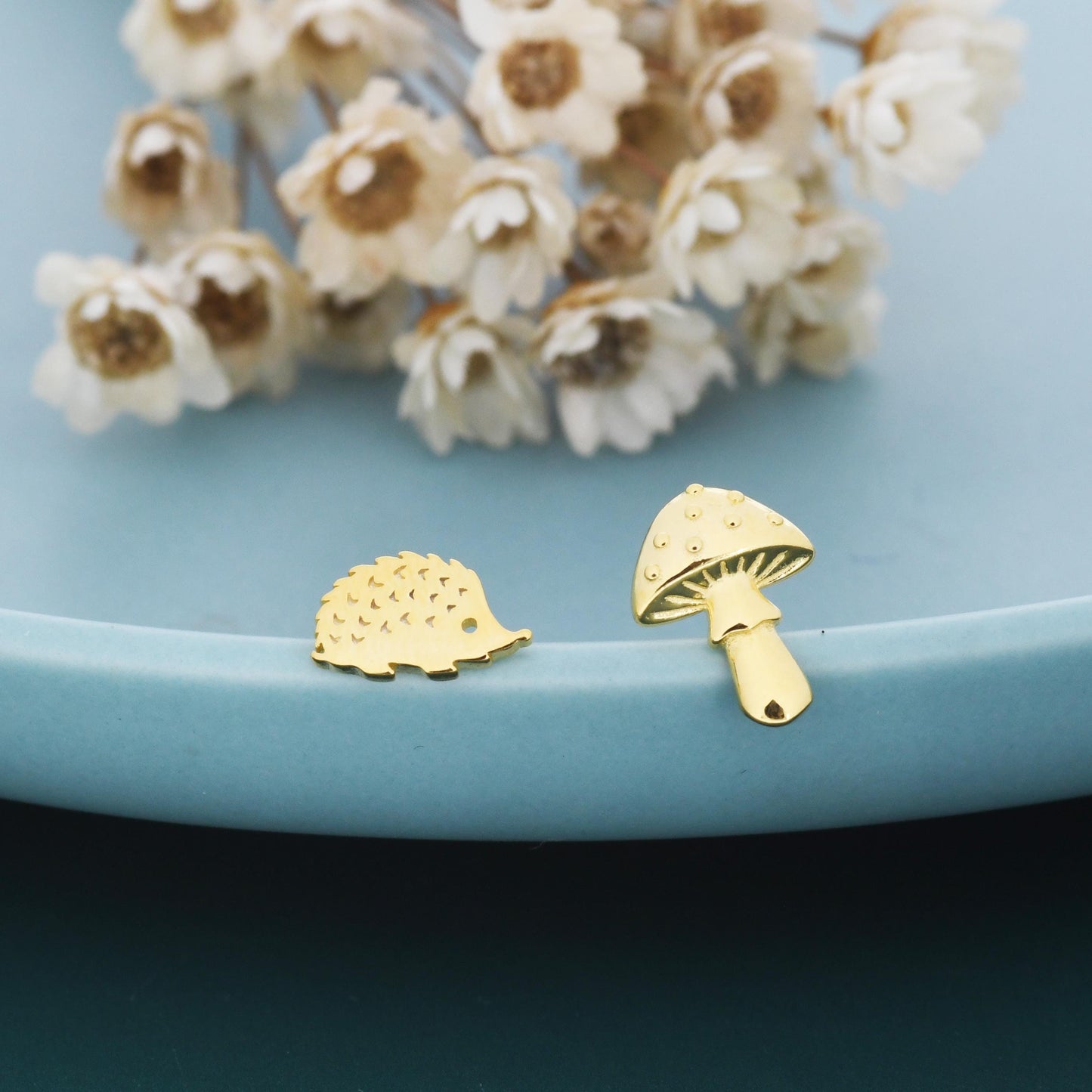 Mismatched Hedgehog and Mushroom Stud Earrings in Sterling Silver, Silver or Gold Finish, Oxidised Small Hedgehog and Mushroom Earrings