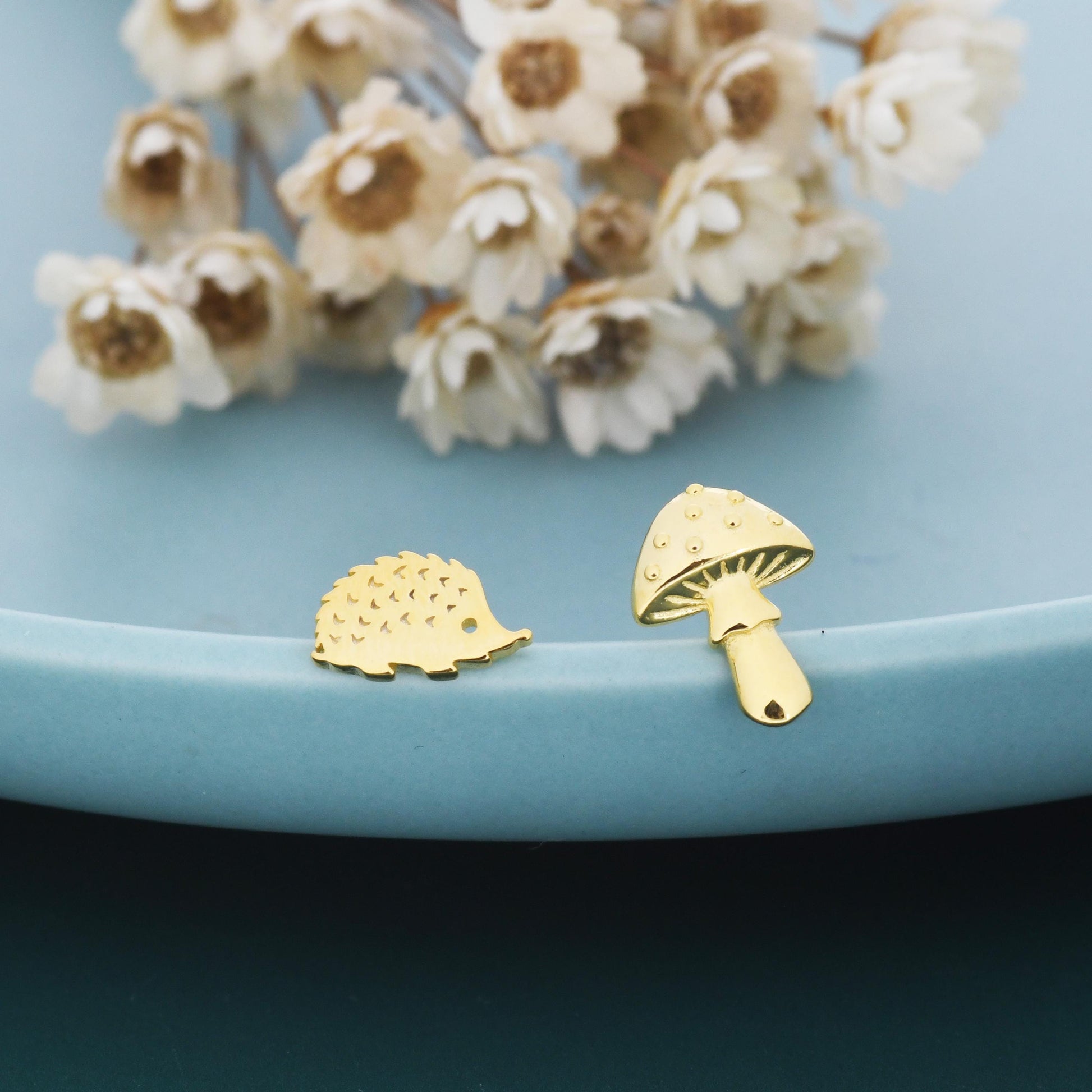 Mismatched Hedgehog and Mushroom Stud Earrings in Sterling Silver, Silver or Gold Finish, Oxidised Small Hedgehog and Mushroom Earrings