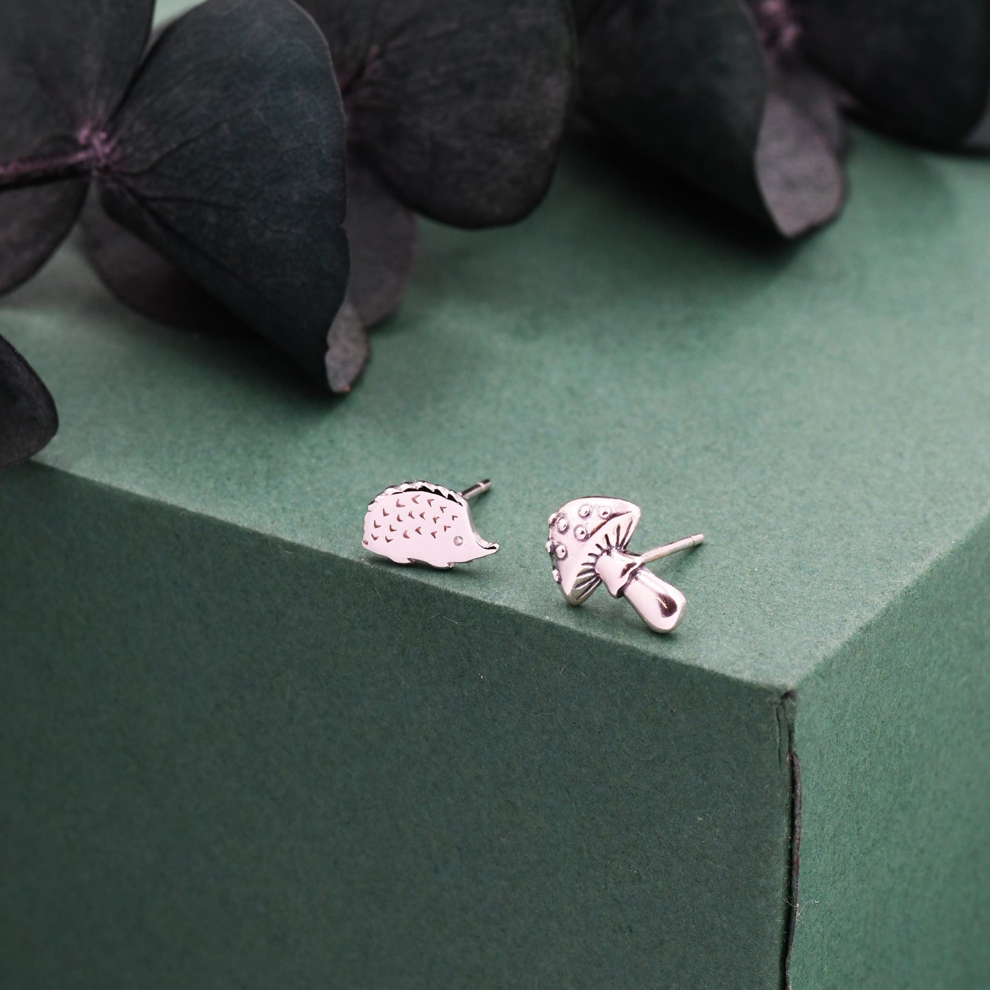Mismatched Hedgehog and Mushroom Stud Earrings in Sterling Silver, Silver or Gold Finish, Oxidised Small Hedgehog and Mushroom Earrings