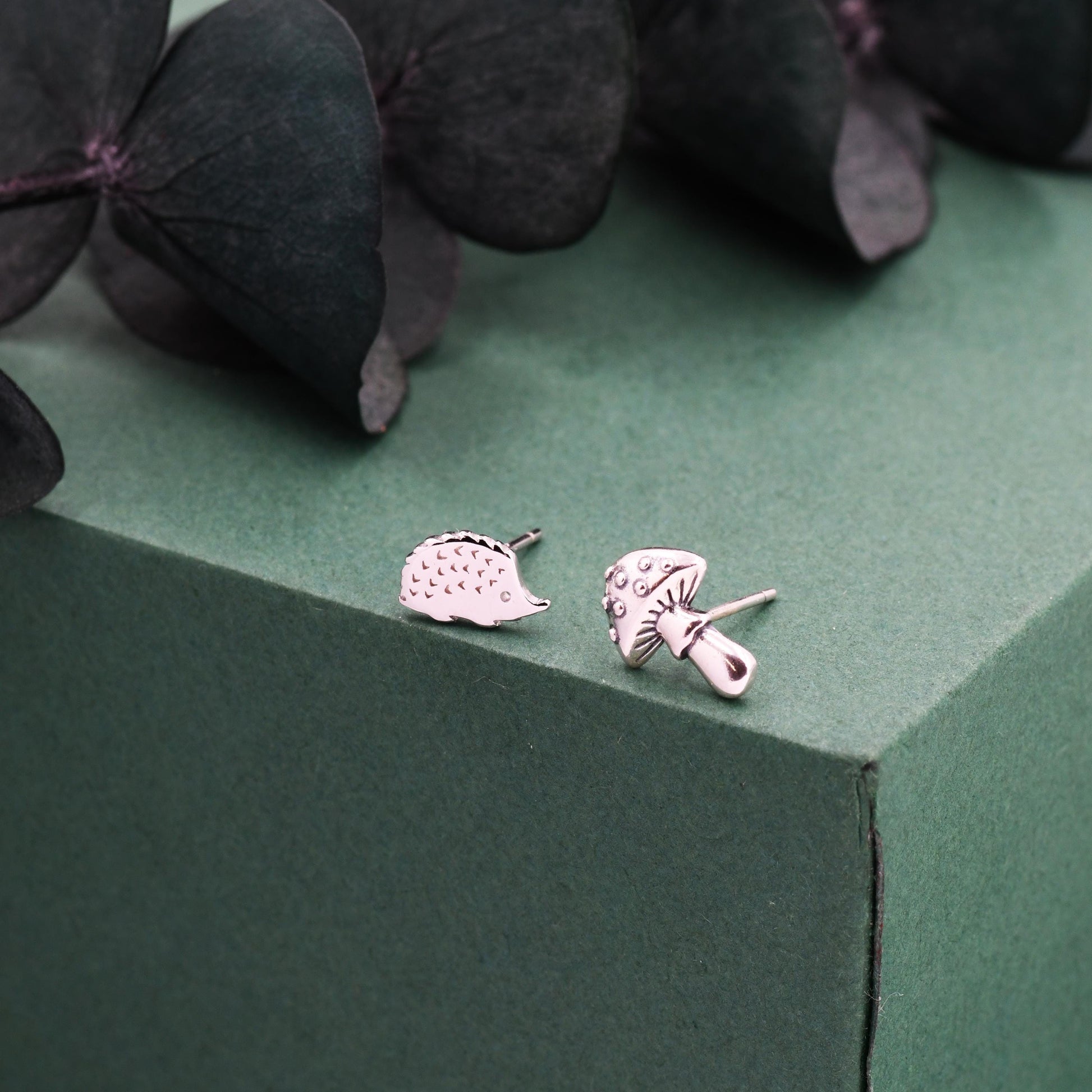 Mismatched Hedgehog and Mushroom Stud Earrings in Sterling Silver, Silver or Gold Finish, Oxidised Small Hedgehog and Mushroom Earrings