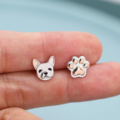 Mismatched French Bulldog and Paw Print Stud Earrings in Sterling Silver - Dog Paw Stud Earrings - Two Tone Finish - Pet Lover