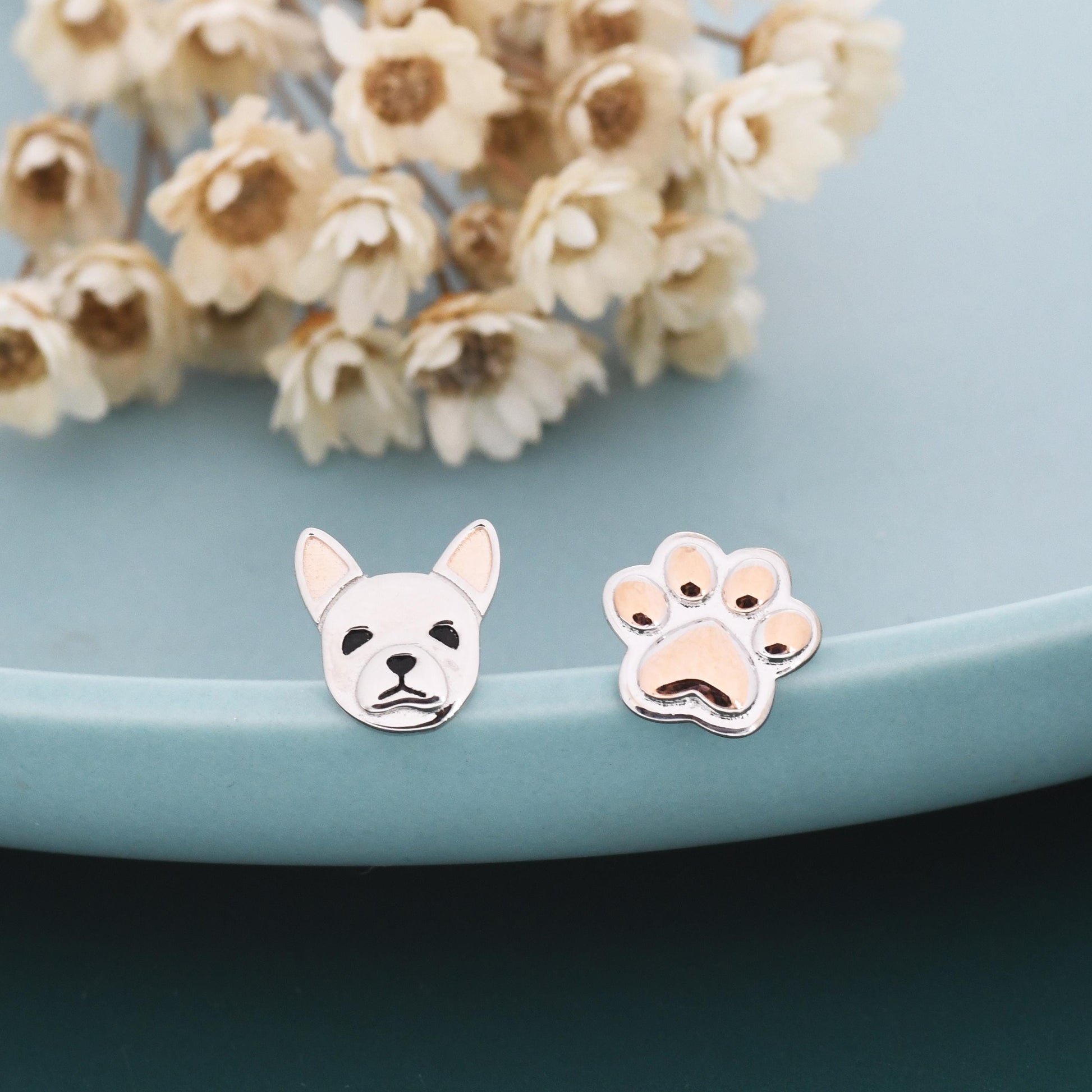 Mismatched French Bulldog and Paw Print Stud Earrings in Sterling Silver - Dog Paw Stud Earrings - Two Tone Finish - Pet Lover