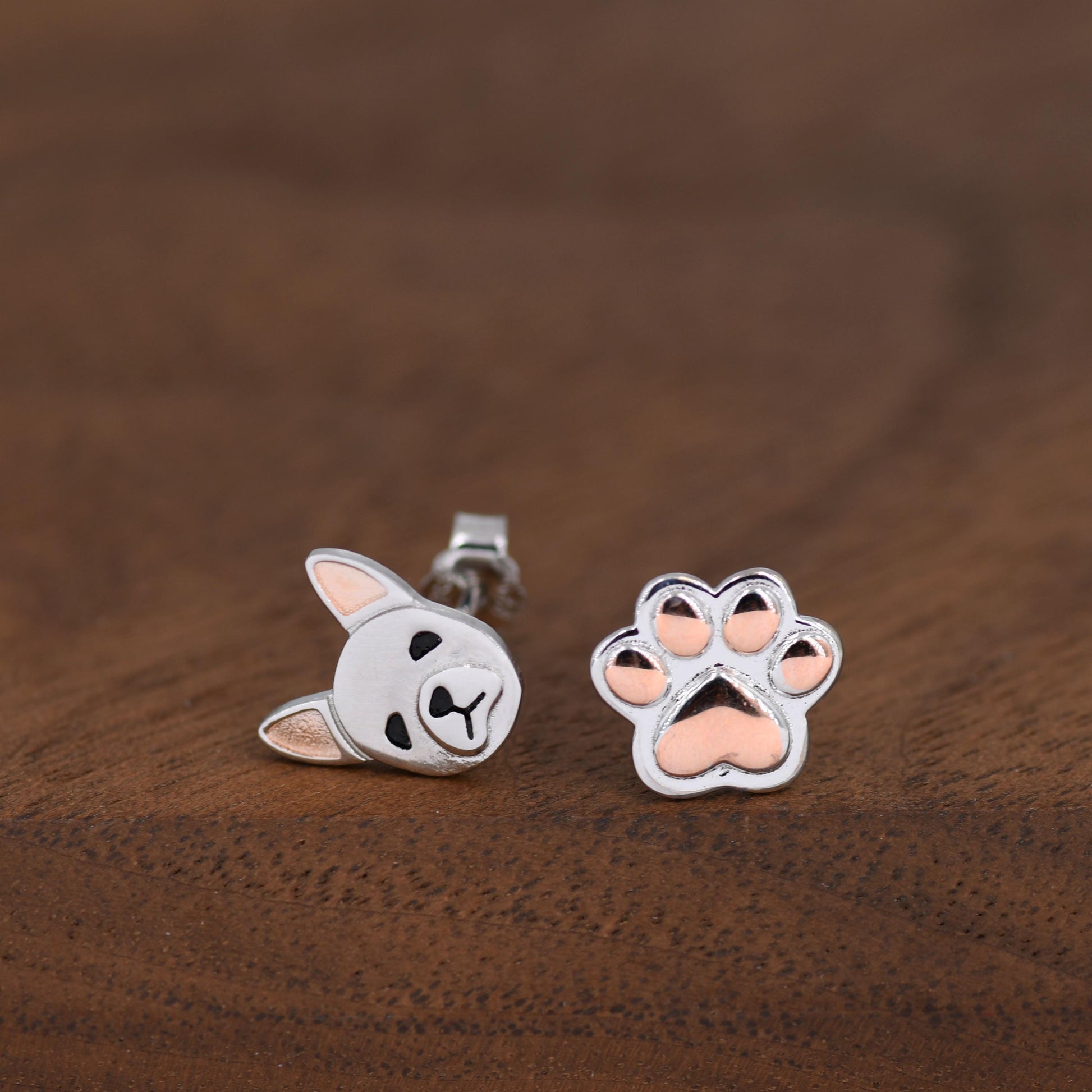Mismatched French Bulldog and Paw Print Stud Earrings in Sterling Silver - Dog Paw Stud Earrings - Two Tone Finish - Pet Lover