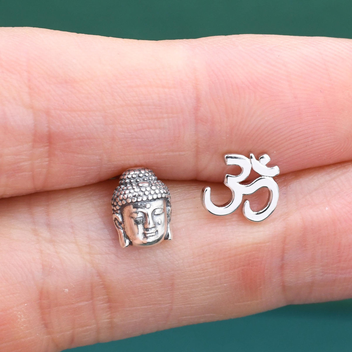 Mismatched Buddha Head and Om Stud Earrings in Sterling Silver, Asymmetric Om and Buddhist Earrings, Zen Earrings, Buddha Earrings
