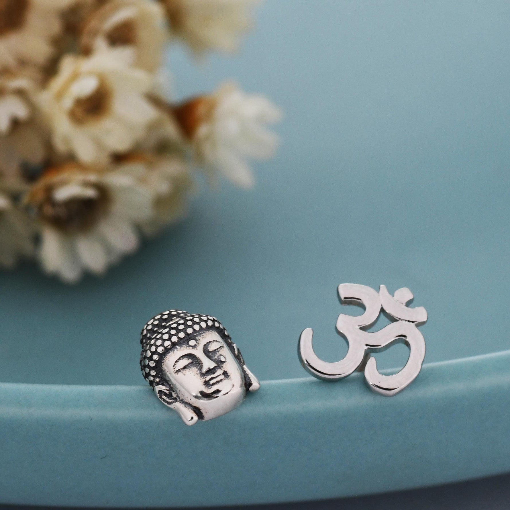 Mismatched Buddha Head and Om Stud Earrings in Sterling Silver, Asymmetric Om and Buddhist Earrings, Zen Earrings, Buddha Earrings
