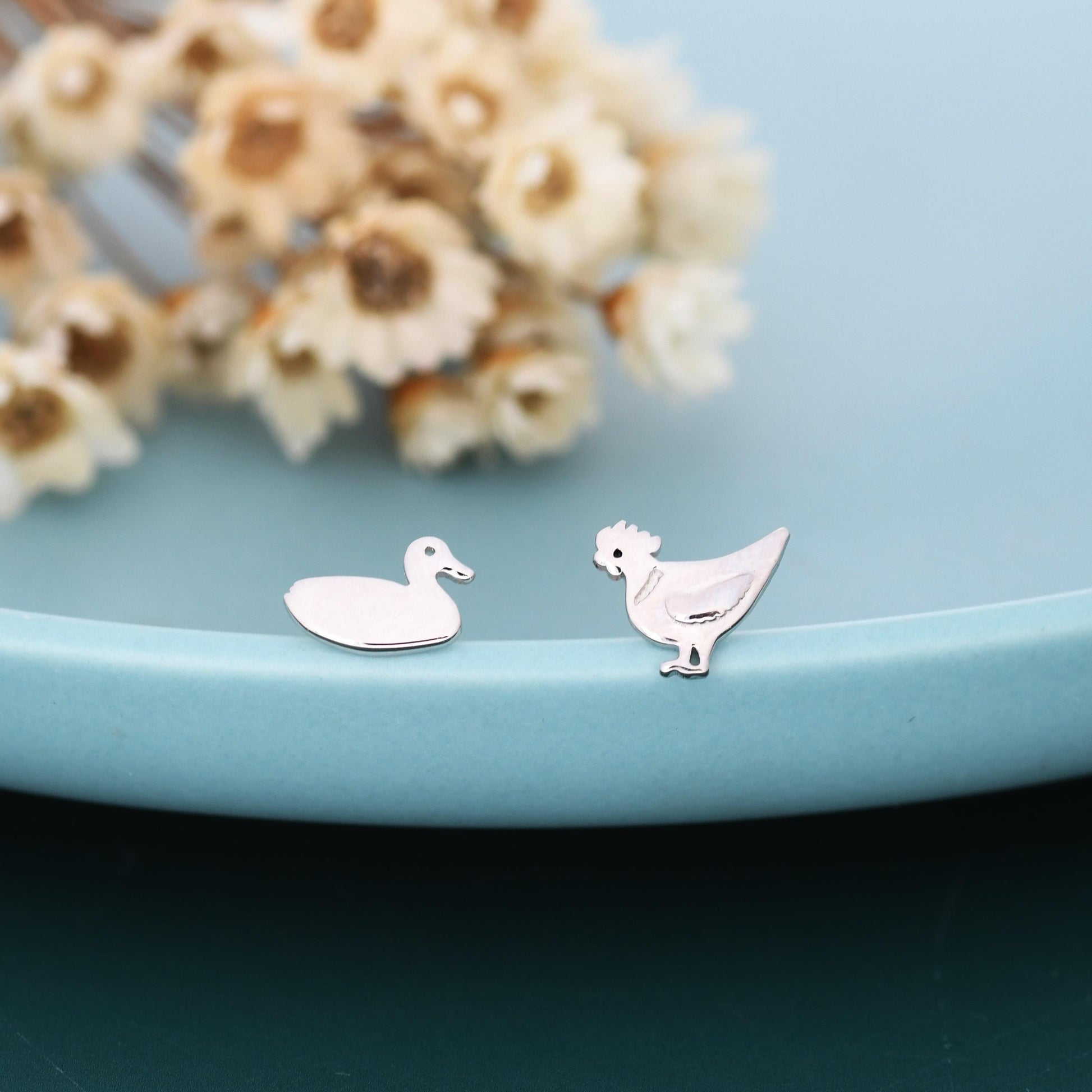 Mismatched Chicken and Duck Stud Earrings in Sterling Silver, Asymmetric Duck and Chicken Earrings, Bird Earrings, Farm Earrings