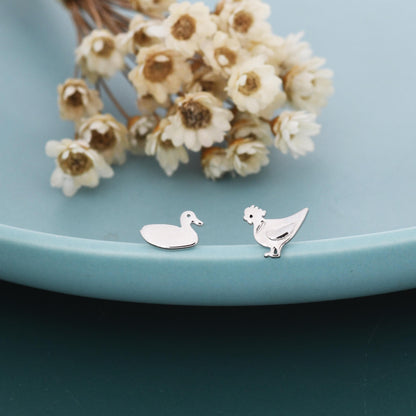 Mismatched Chicken and Duck Stud Earrings in Sterling Silver, Asymmetric Duck and Chicken Earrings, Bird Earrings, Farm Earrings
