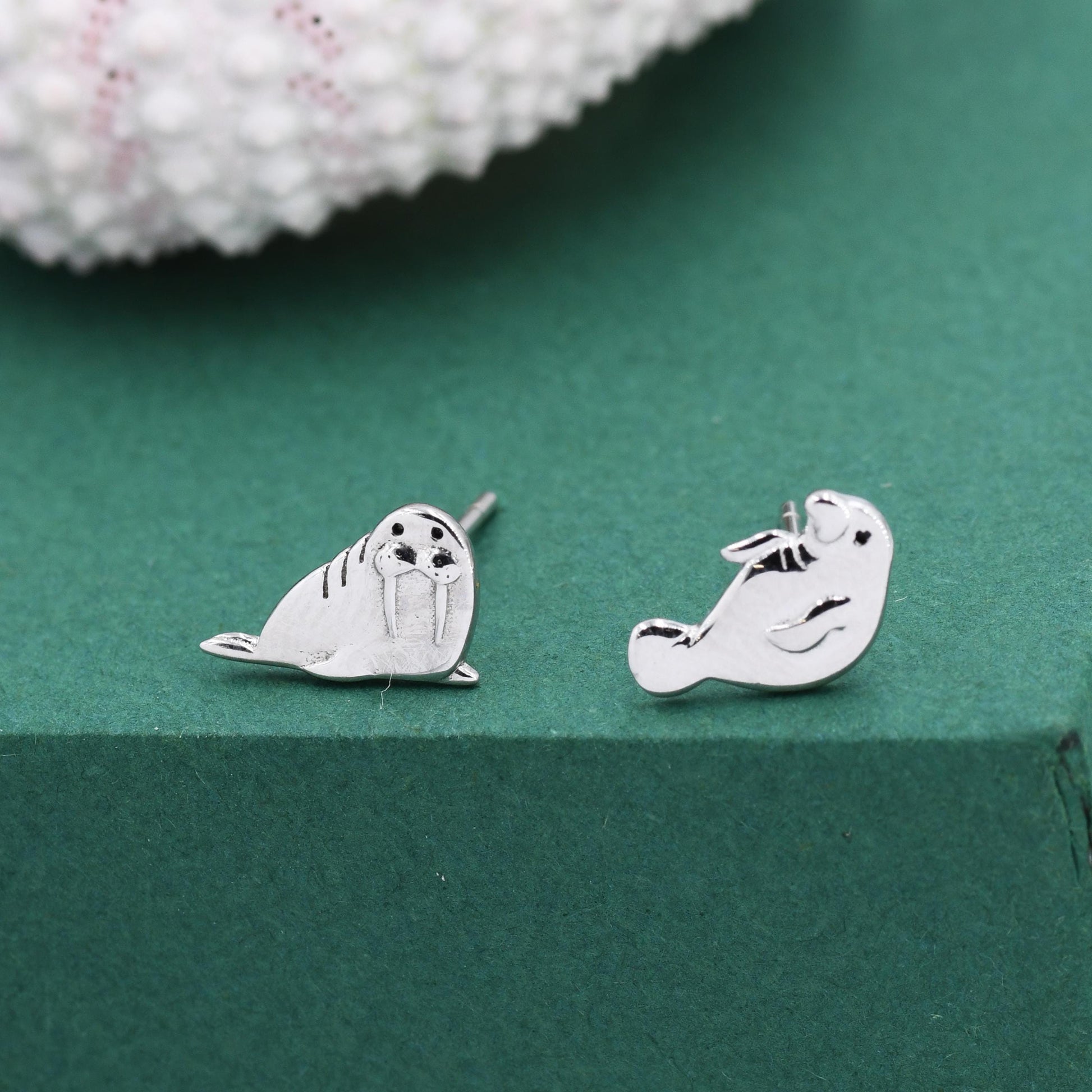 Sterling Silver Walrus & Manatee Mismatched Stud Earrings, Asymmetric Manatee and Walrus Earrings