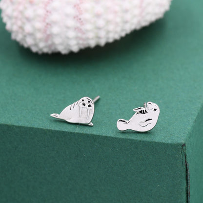 Sterling Silver Walrus & Manatee Mismatched Stud Earrings, Asymmetric Manatee and Walrus Earrings