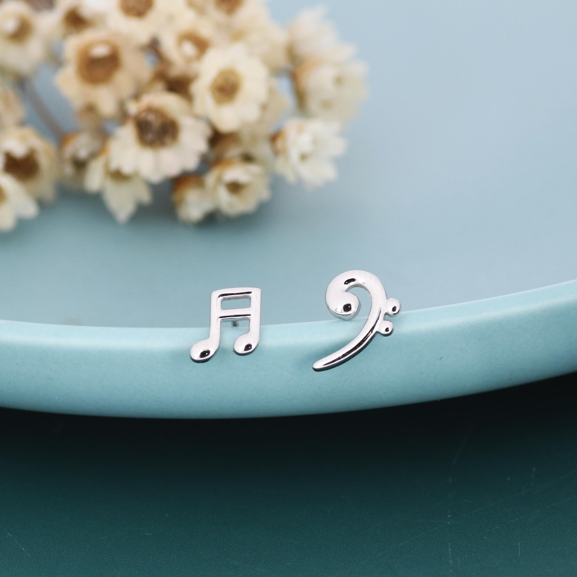 Sterling Silver Double Quaver & Bass Clef Stud Earrings – Minimalist Mismatched Music Note Earrings, Gift for Musicians, Asymmetric Studs