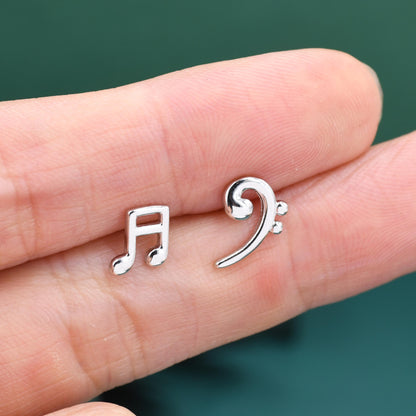 Sterling Silver Double Quaver & Bass Clef Stud Earrings – Minimalist Mismatched Music Note Earrings, Gift for Musicians, Asymmetric Studs