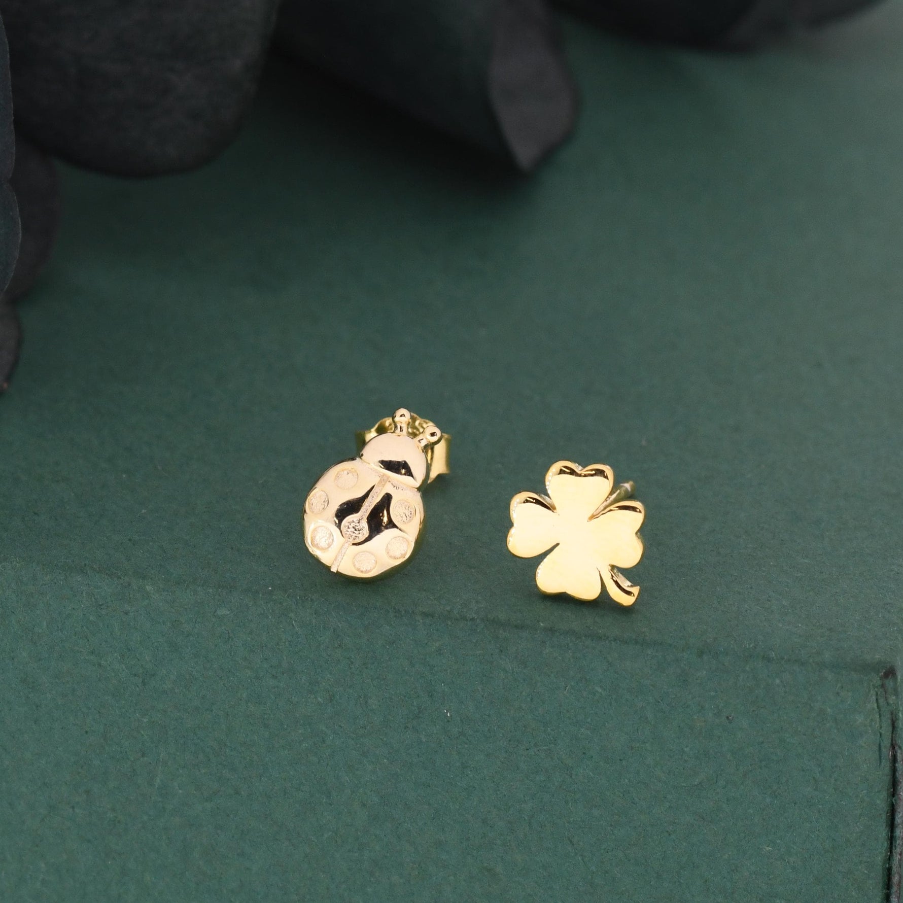 Sterling Silver Four-Leaf Clover & Ladybird Stud Earrings – Good Luck Mismatched Earrings, Minimalist Nature Jewellery, Gift for Her
