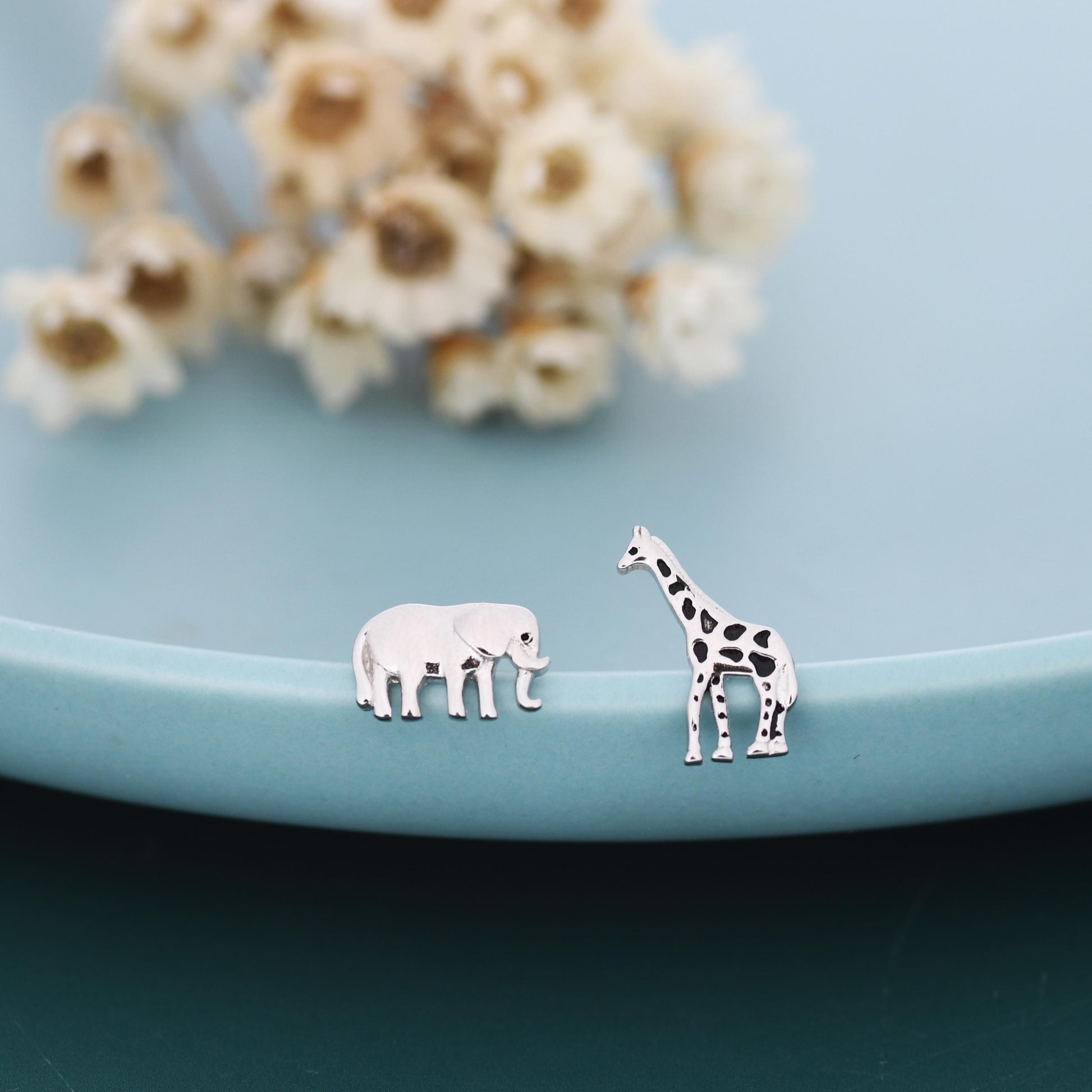 Sterling Silver Elephant & Giraffe Stud Earrings – Safari Animal Mismatched Earrings, Minimalist Asymmetric, Gift for Animal Lovers