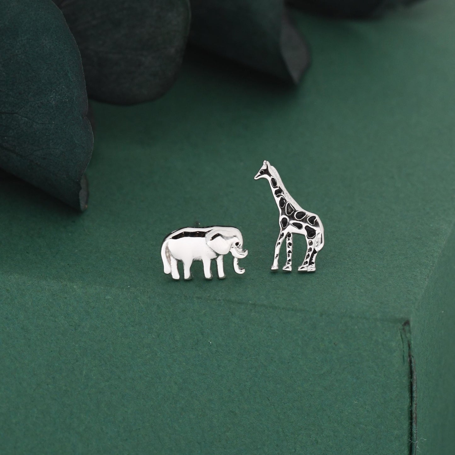 Sterling Silver Elephant & Giraffe Stud Earrings – Safari Animal Mismatched Earrings, Minimalist Asymmetric, Gift for Animal Lovers
