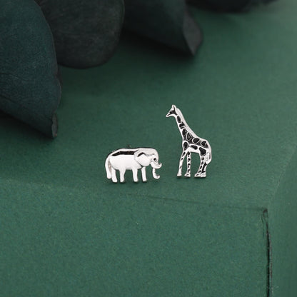 Sterling Silver Elephant & Giraffe Stud Earrings – Safari Animal Mismatched Earrings, Minimalist Asymmetric, Gift for Animal Lovers