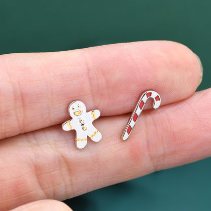 Sterling Silver Gingerbread Man & Candy Cane Stud Earrings – Christmas Mismatched Earrings, Festive Holiday Jewellery, Asymmetric Earrings