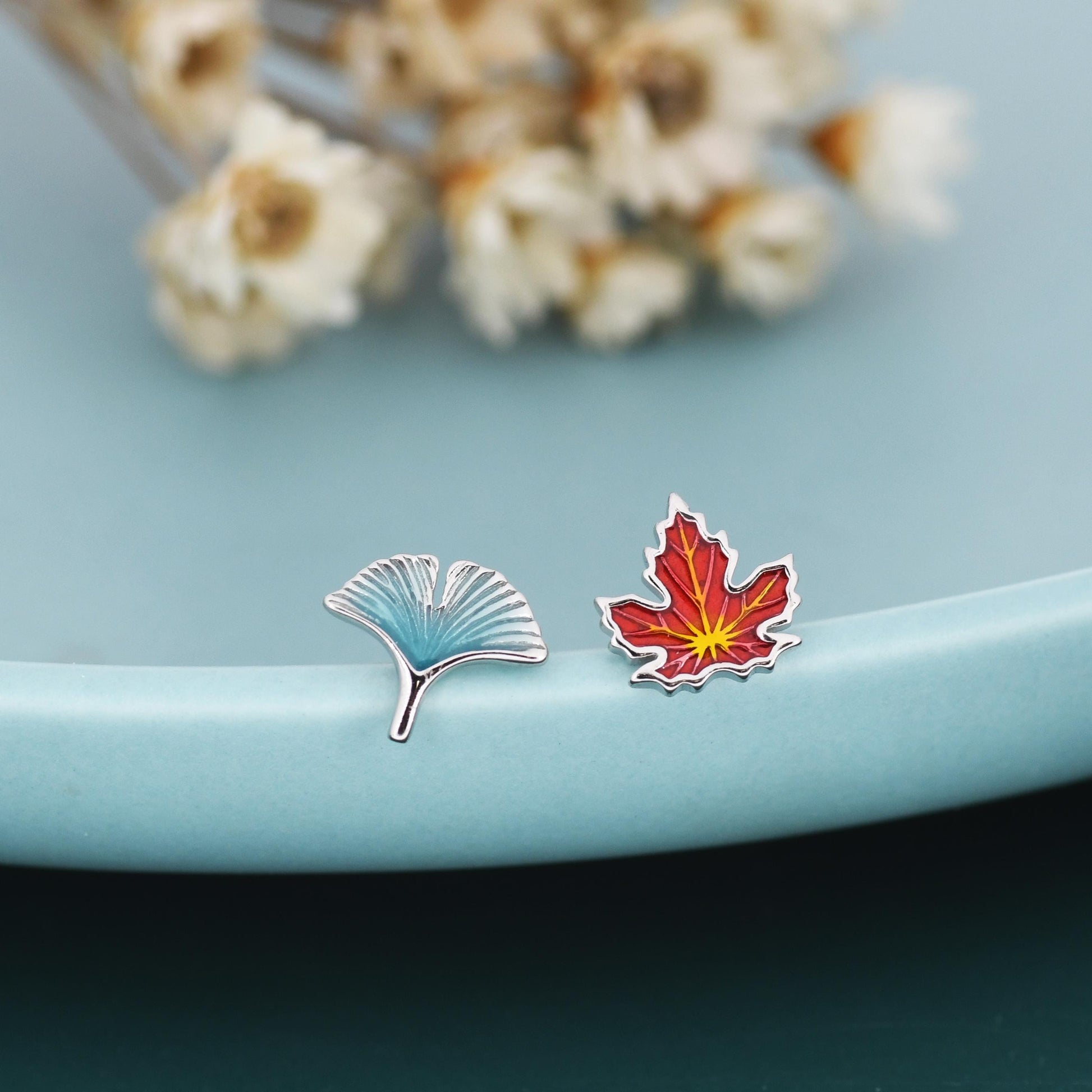 Sterling Silver Maple Leaf & Ginkgo Leaf Stud Earrings – Colorful Autumn Mismatched Earrings, Nature Inspired Jewelry, Asymmetric Earrings