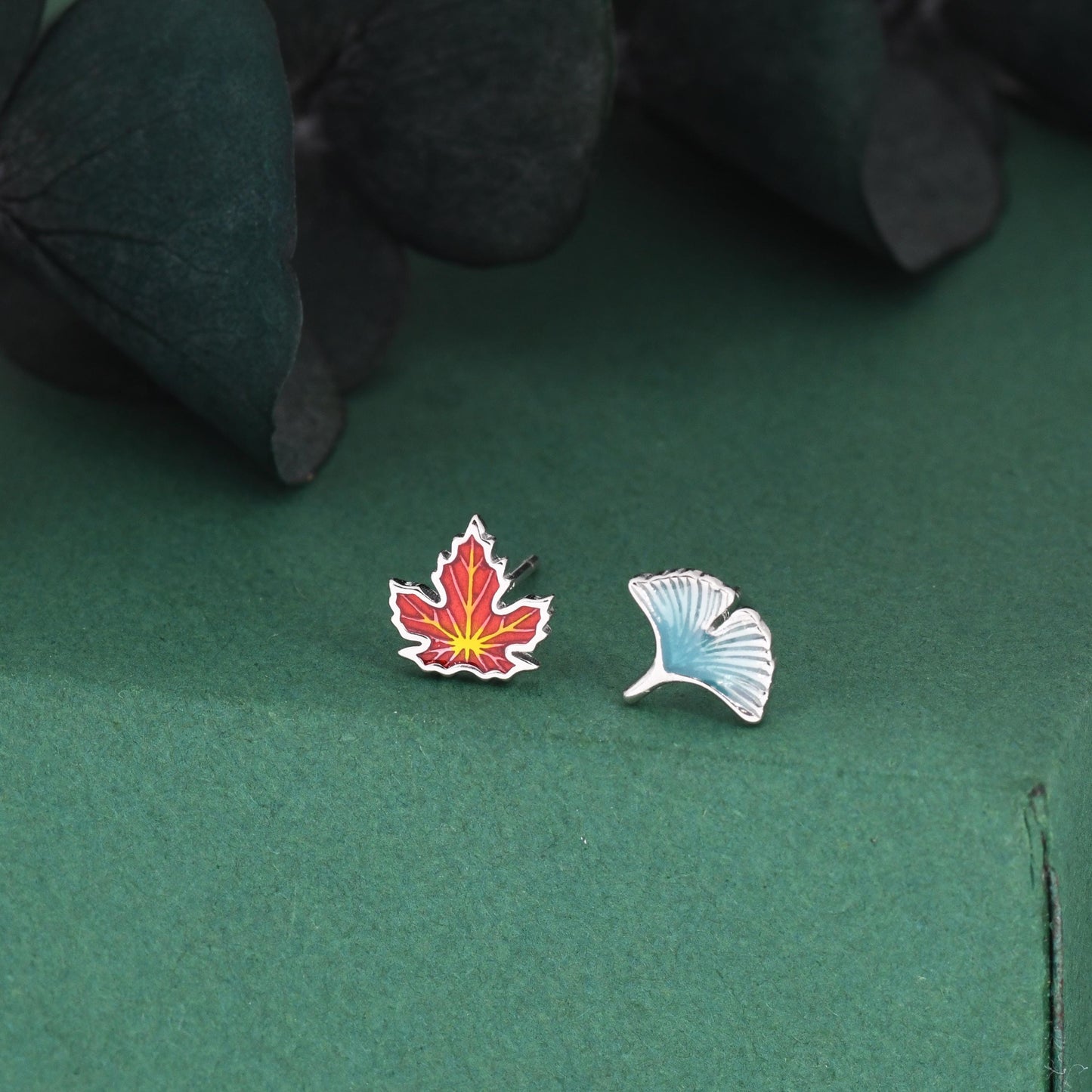 Sterling Silver Maple Leaf & Ginkgo Leaf Stud Earrings – Colorful Autumn Mismatched Earrings, Nature Inspired Jewelry, Asymmetric Earrings