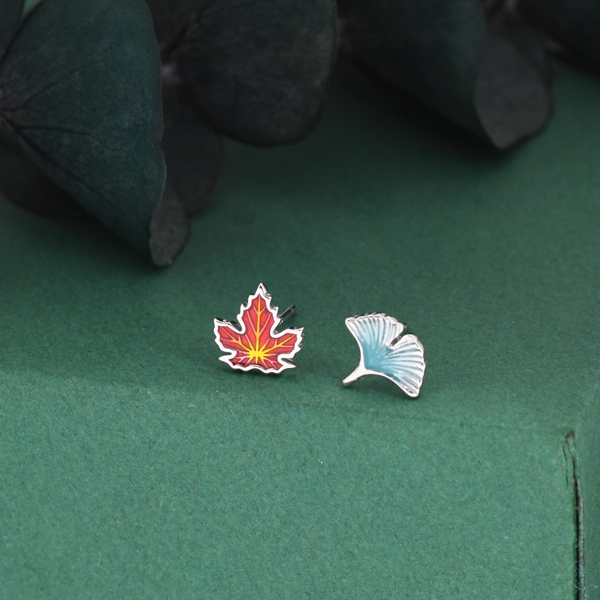 Sterling Silver Maple Leaf & Ginkgo Leaf Stud Earrings – Colorful Autumn Mismatched Earrings, Nature Inspired Jewelry, Asymmetric Earrings