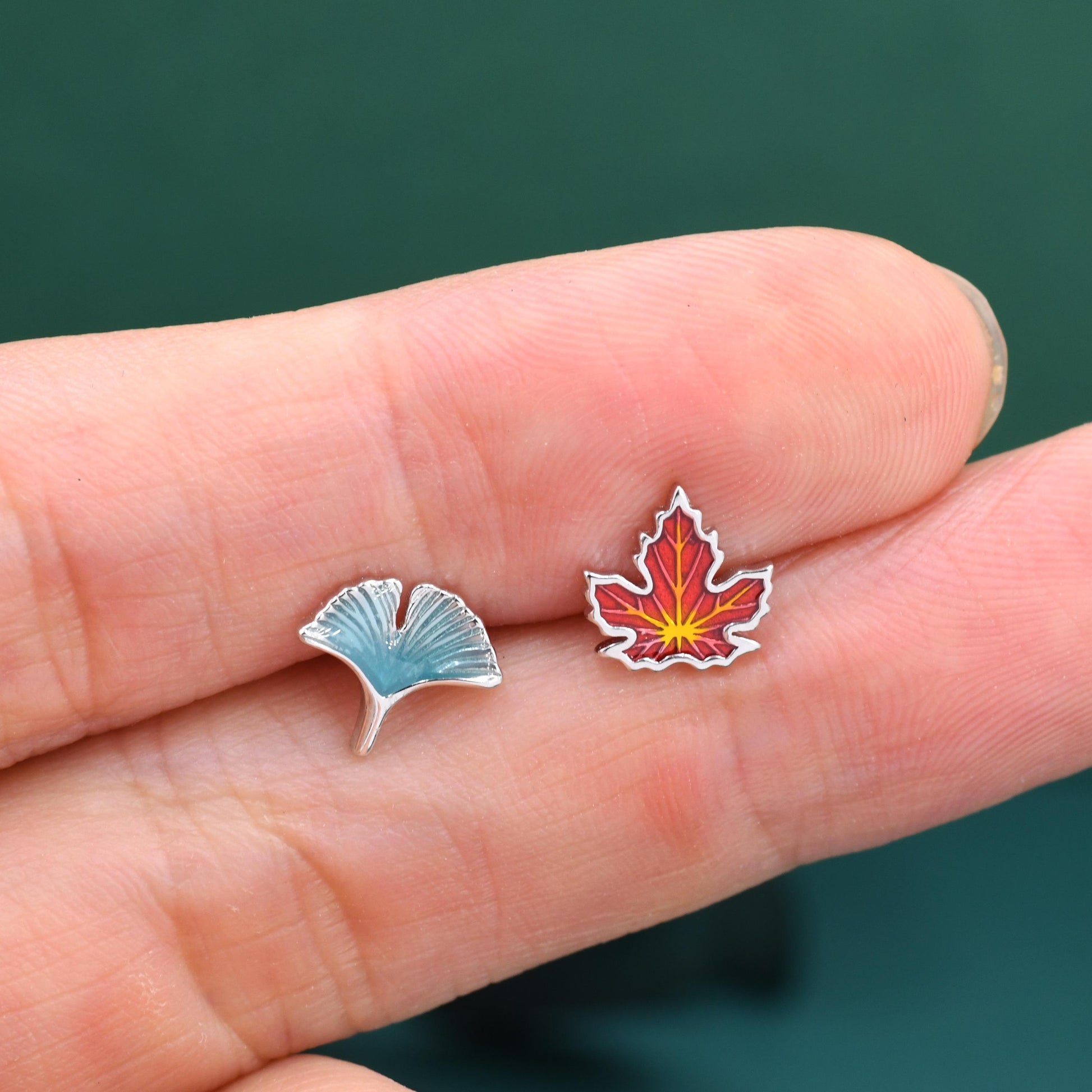 Sterling Silver Maple Leaf & Ginkgo Leaf Stud Earrings – Colorful Autumn Mismatched Earrings, Nature Inspired Jewelry, Asymmetric Earrings