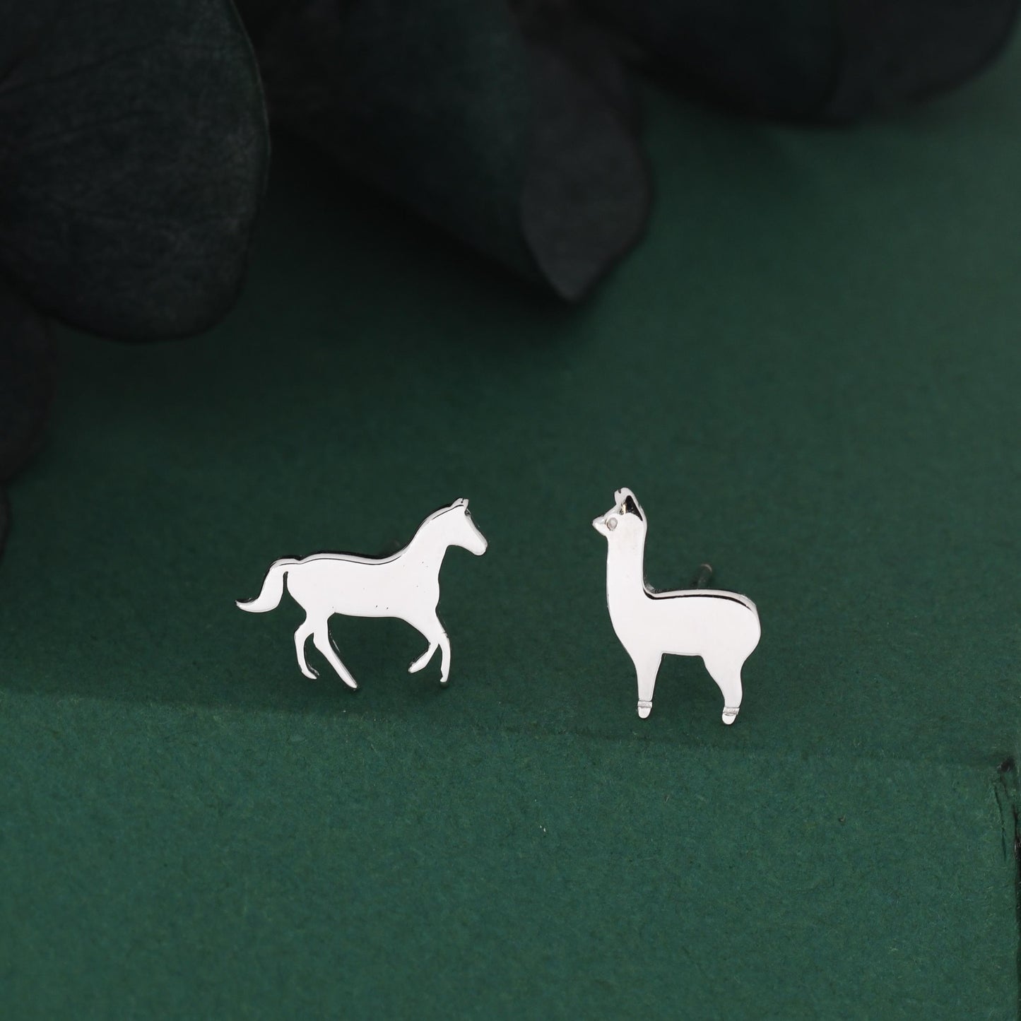 Mismatched Horse & Llama Stud Earrings in Sterling Silver – Farm Animal Asymmetric Earrings, Minimalist Animal Jewellery