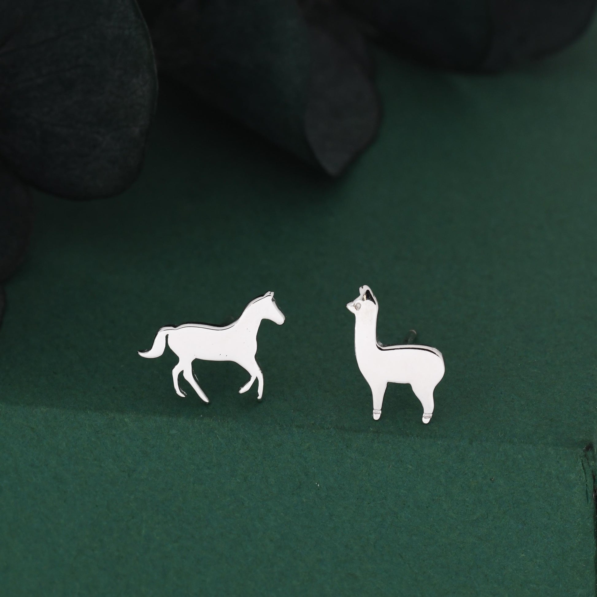 Mismatched Horse & Llama Stud Earrings in Sterling Silver – Farm Animal Asymmetric Earrings, Minimalist Animal Jewellery