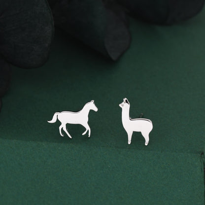 Mismatched Horse & Llama Stud Earrings in Sterling Silver – Farm Animal Asymmetric Earrings, Minimalist Animal Jewellery